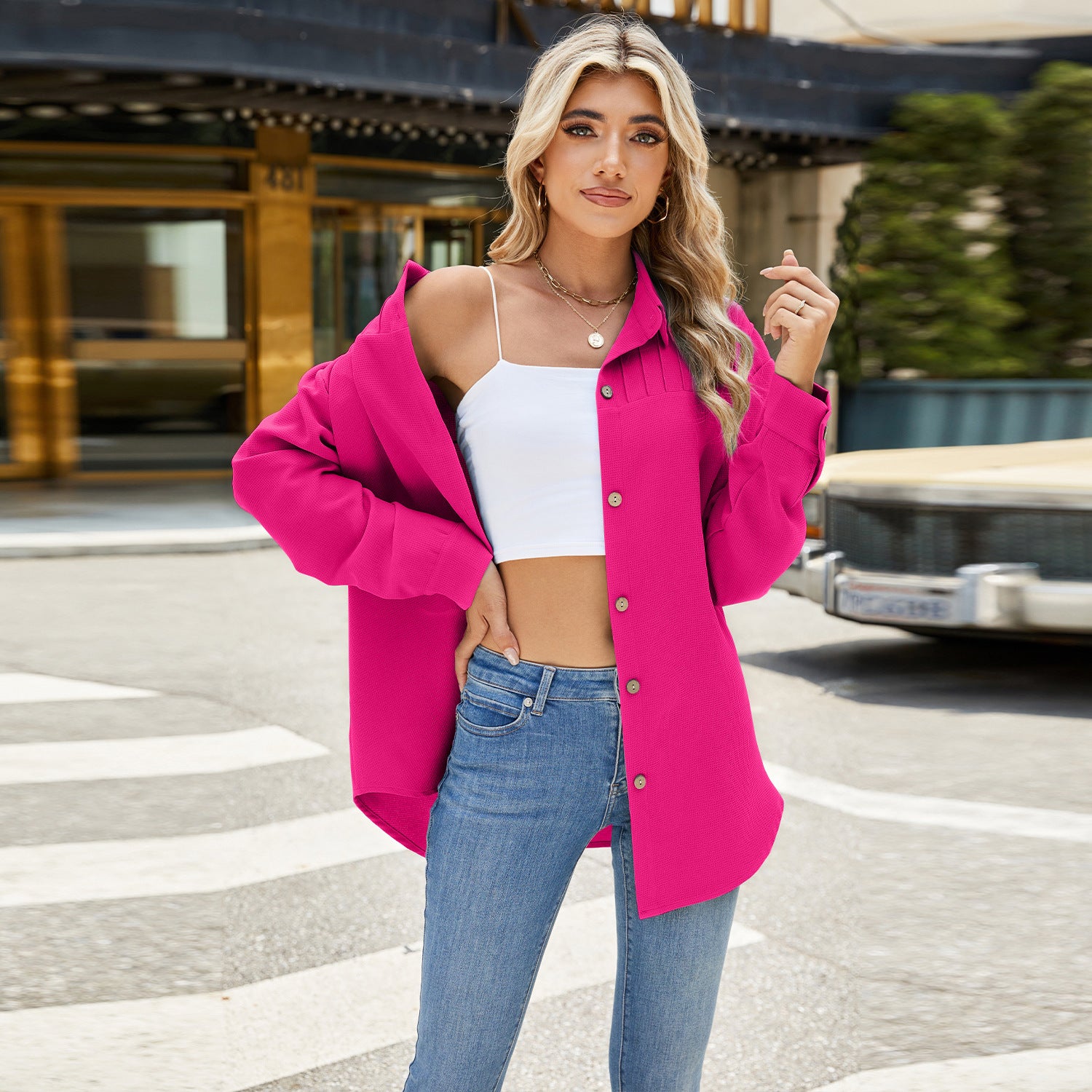 Single-breasted Loose Long Sleeve Solid Colour Shirt