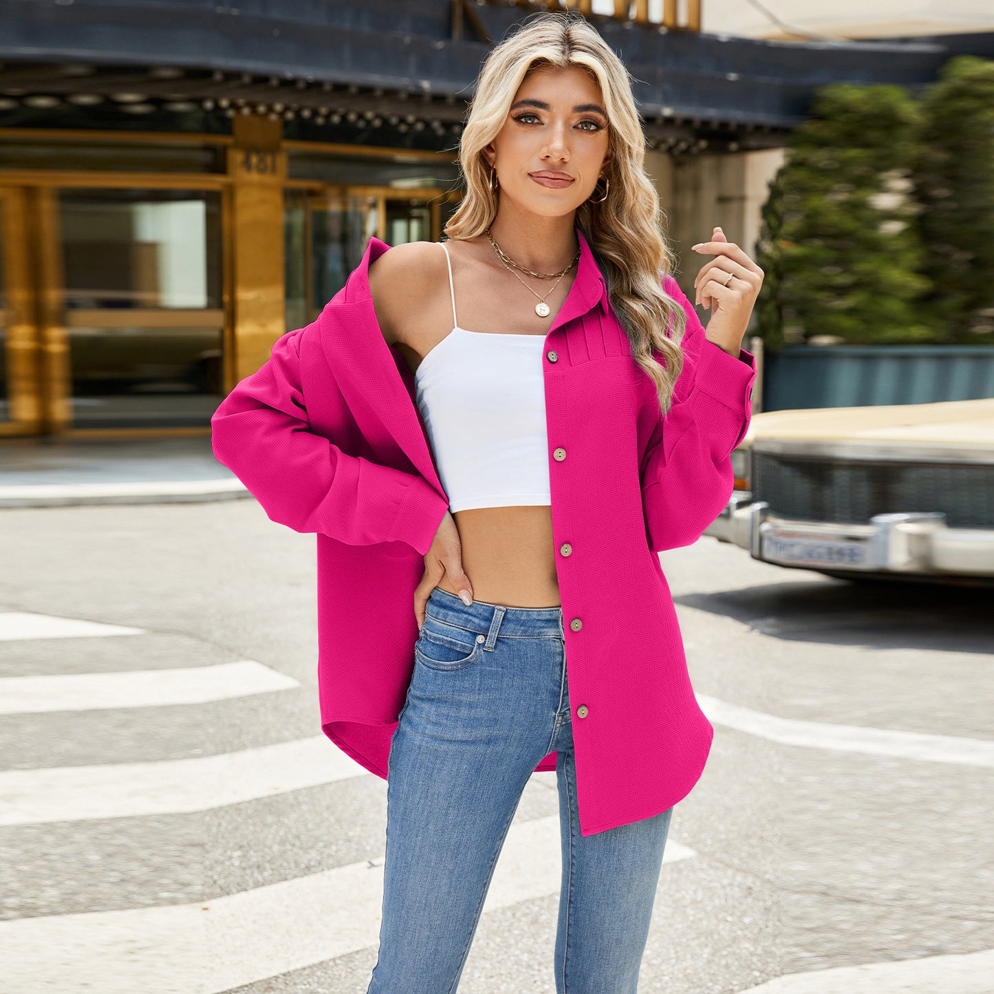 Single-breasted Loose Long Sleeve Solid Colour Shirt