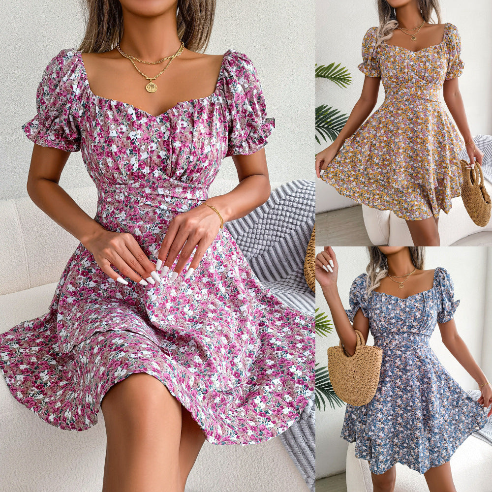 Women's Mini Dress with Flower Print and Big Swing Hem