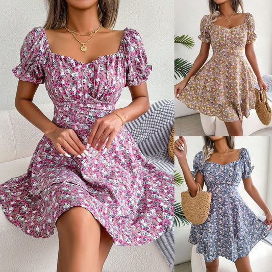Women's Mini Dress with Flower Print and Big Swing Hem