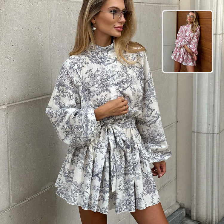 Ink Print Long Sleeve A-Line Dress