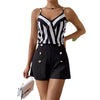 Striped Spaghetti Straps Lotus Leaf Top And Shorts Two-piece Set