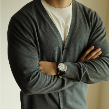 Men's Cotton Knit Cardigan Coat Slim-fit Long Sleeve Solid Color And V-neck
