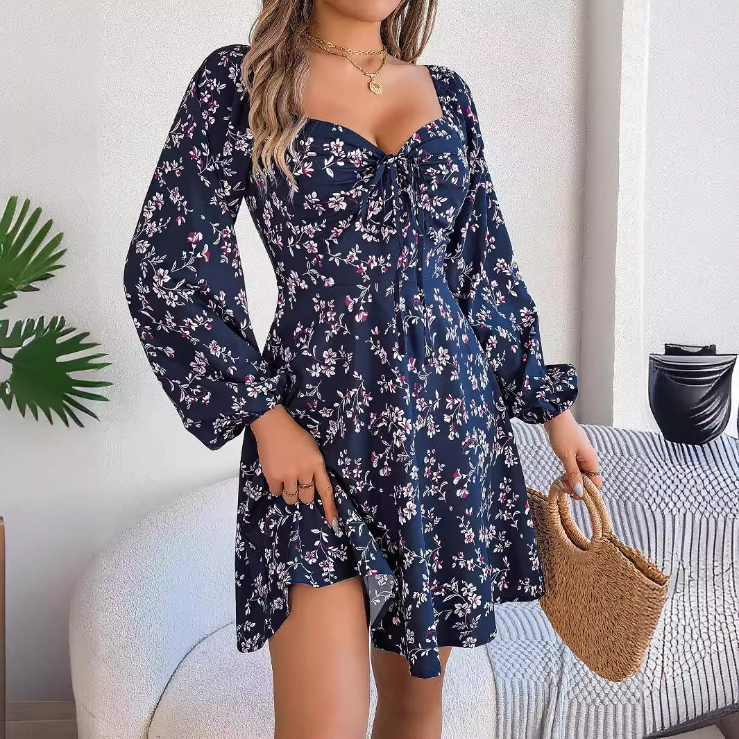 Fashion Floral Print Lantern Sleeve A-Line Dress