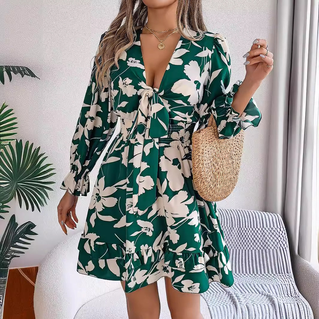 New Floral Printed V-Neck Long Sleeve Dress