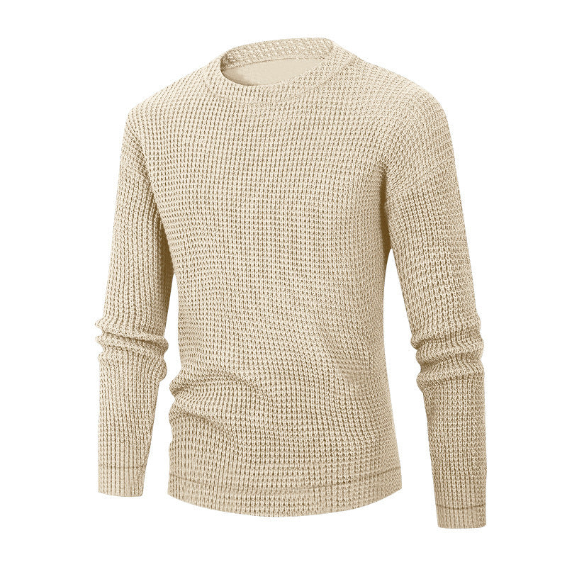 Men's Solid Colour Waffle Autumn Long Sleeve Round Neck Base Sweater