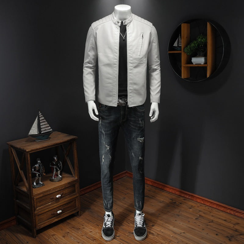 Men's Leather Jacked With Stand Collar
