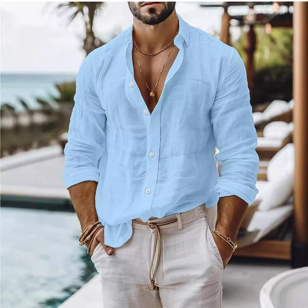 Men's Solid Colour Cotton Linen Shirt Casual Style Long Sleeve