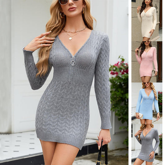 Slim Zipper V-Neck Long Sleeve Knit Dress