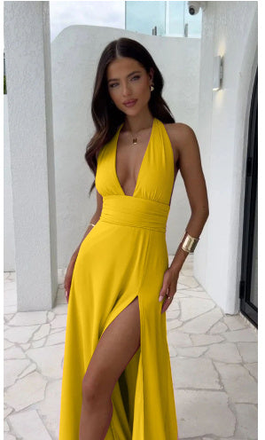 Back Yellow Backless Summer Dress with Thigh High Slit and beautiful V-Neckline Design, perfect for wedding bridesmaids, formal events and summer Parties.