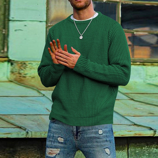 Men's Solid Colour Waffle Autumn Long Sleeve Round Neck Base Sweater
