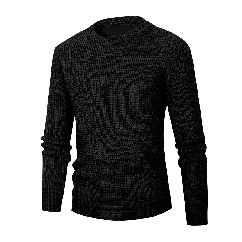 Men's Solid Colour Waffle Autumn Long Sleeve Round Neck Base Sweater