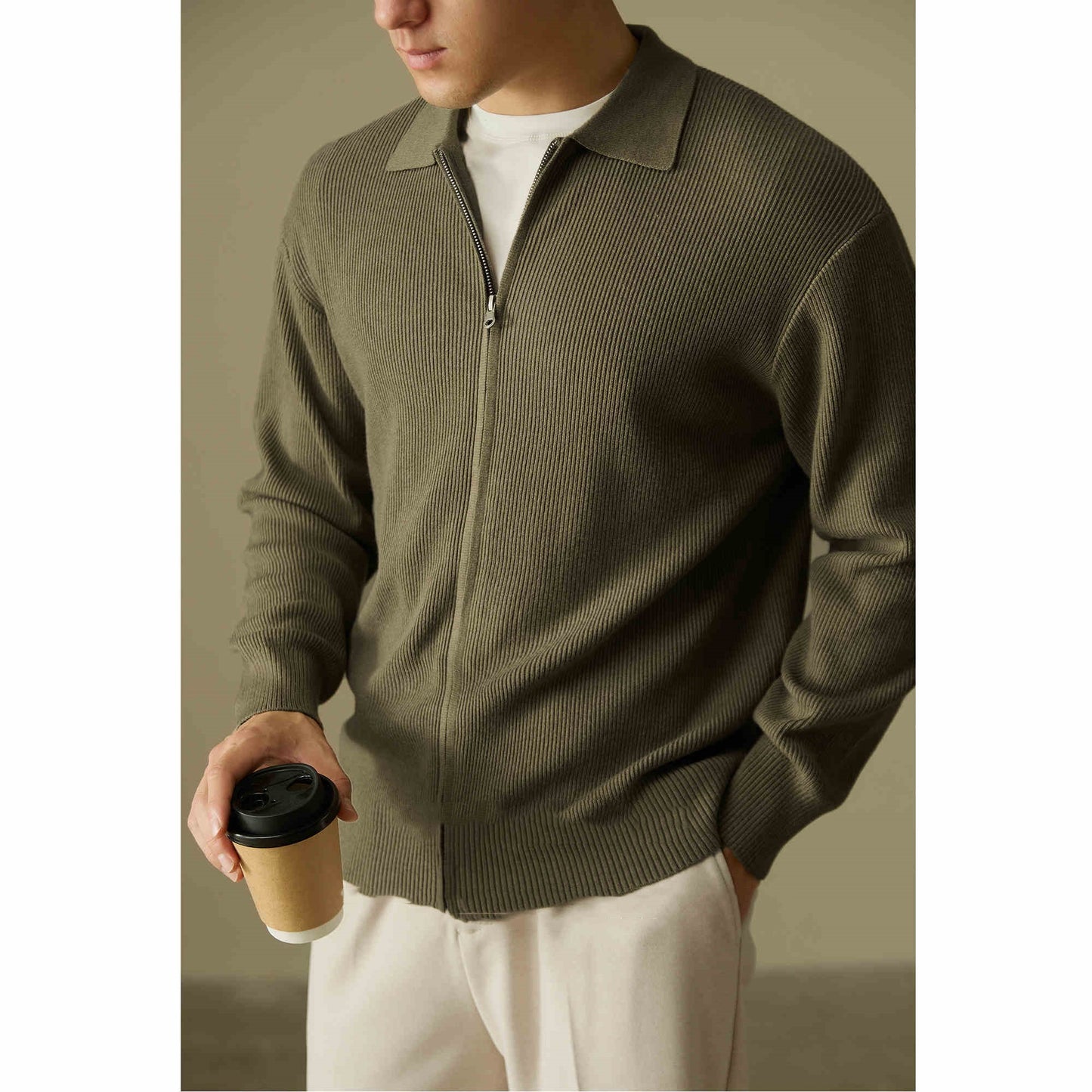 Men's Wool Blended Cardigan Zip Sweater