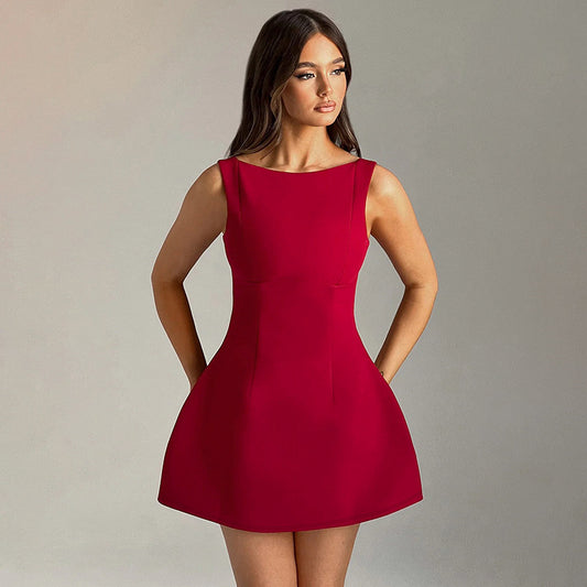 Front Red Short Sleveless A Line Dress For Ladies