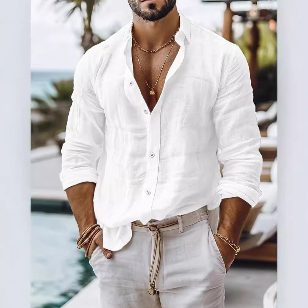 Men's Solid Colour Cotton Linen Shirt Casual Style Long Sleeve